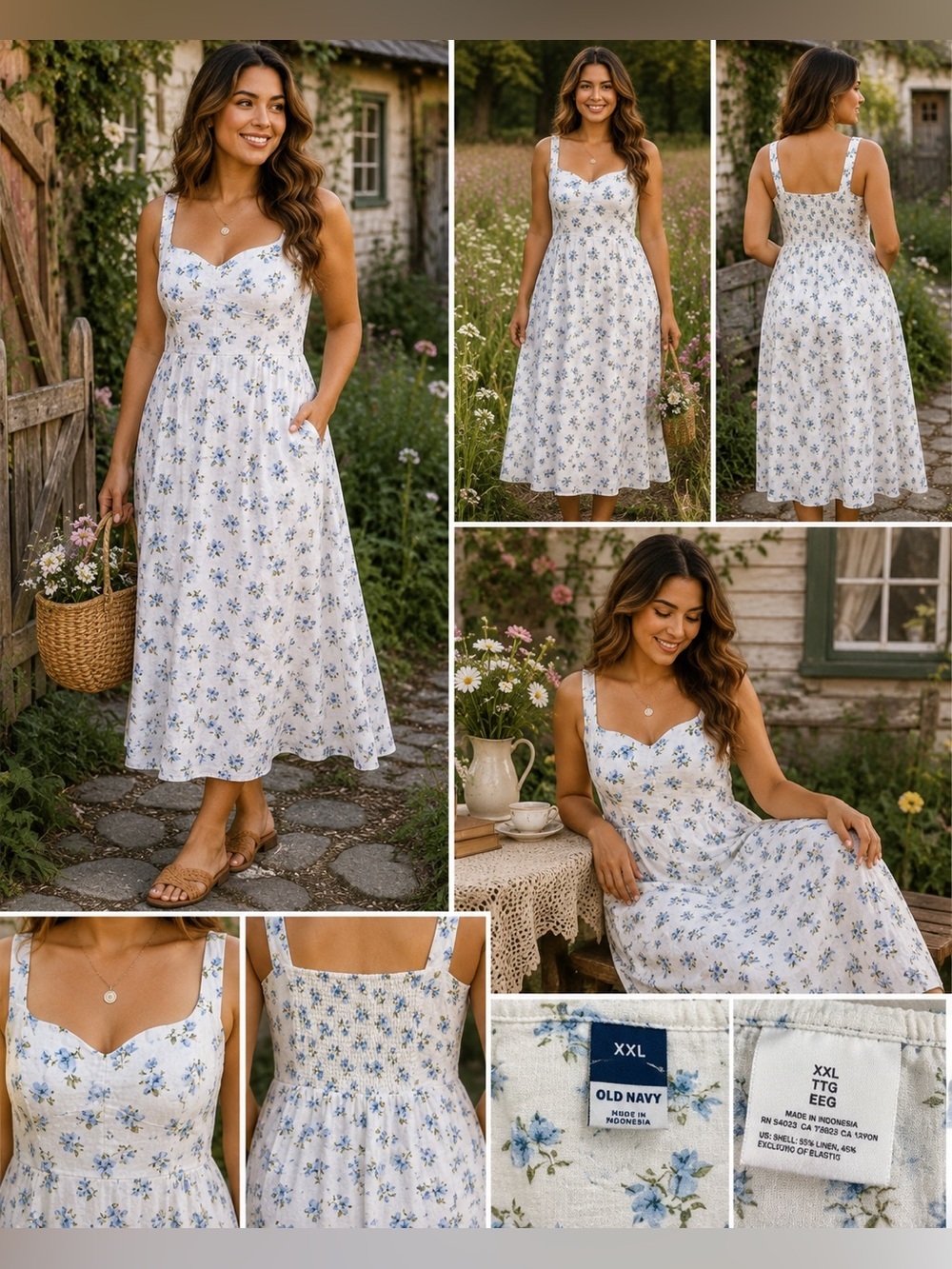 Cottagecore style White Midi Sundress with Blue Floral Print